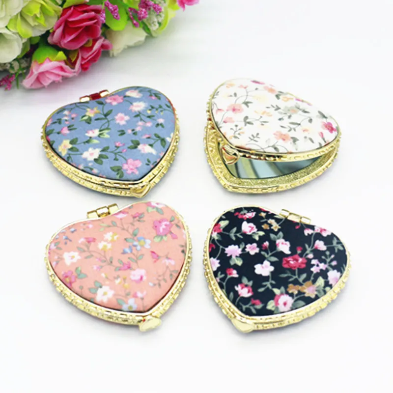 

CX143 Makeup Mirror Folding Flower Vintage Two-side Folding Round Heart-shaped Floral Cloth Pocket Mirror Portable Mini Cosmetic