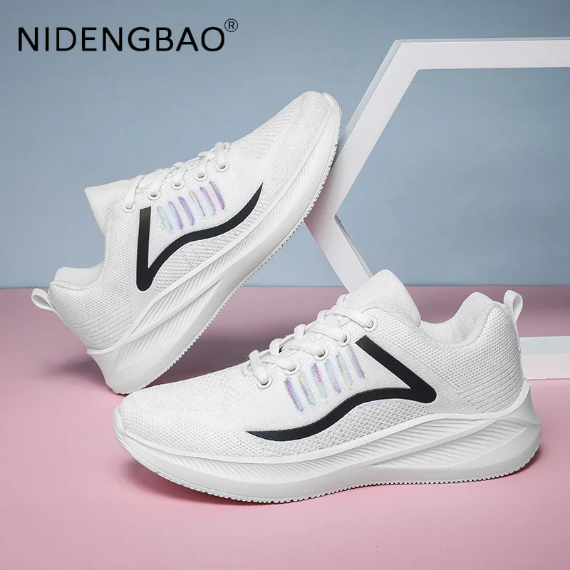 Running Shoes For Women 2021 Fashion Reflective Sneakers Fly Woven Breathable Lightweight Marathon Athletic Trainers Size 35-42