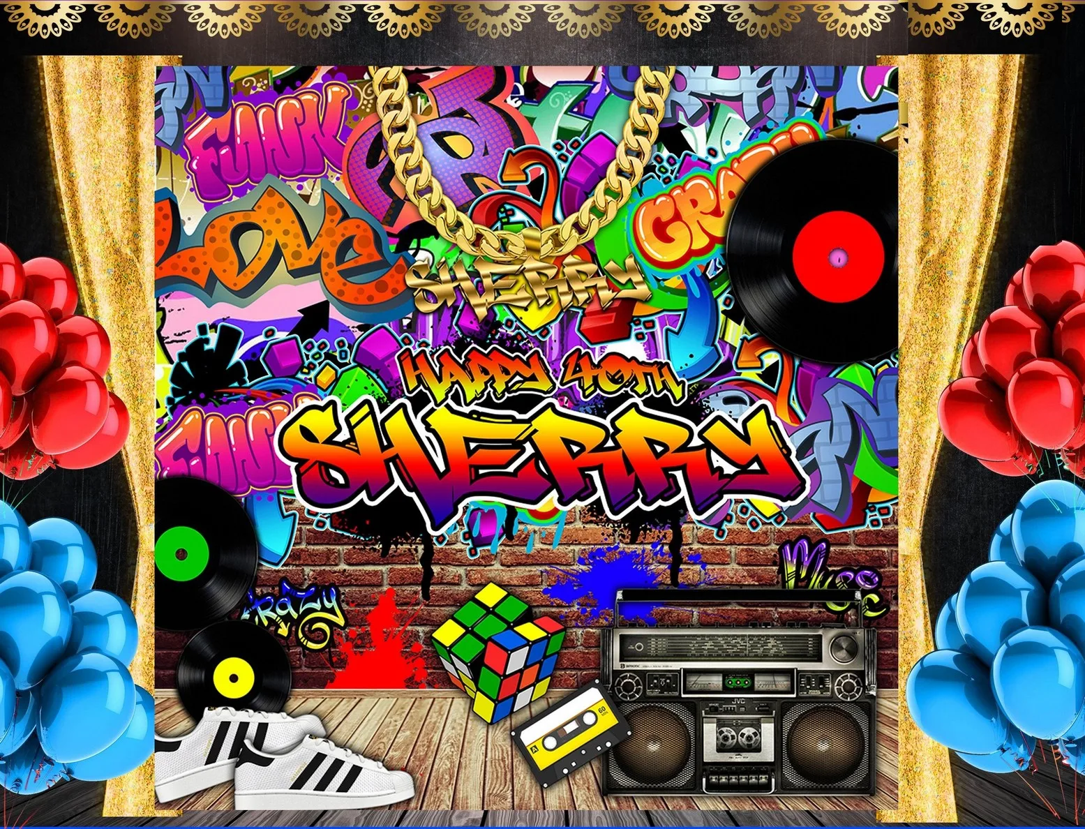 

Пользовательские 90s граффити красочные кирпичные стены Скейтборд рекордер 40th 50th фоны компьютерная Печать День рождения фото фон