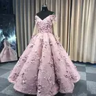Женское вечернее платье с длинным рукавом, розовое платье с открытыми плечами и 3D цветочным рисунком, для выпускного вечера