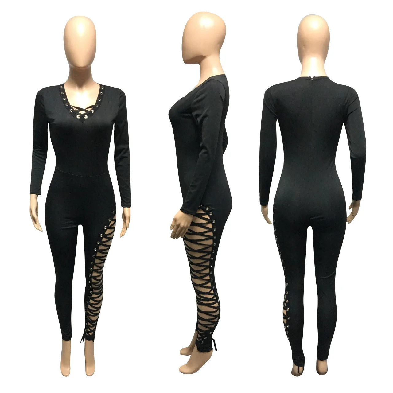 

Solid Color Long Sleeves V-Neck Criss-Cross Drawstring Rivet Autumn Women Jumpsuit Sexy Style Model European & American Rompers