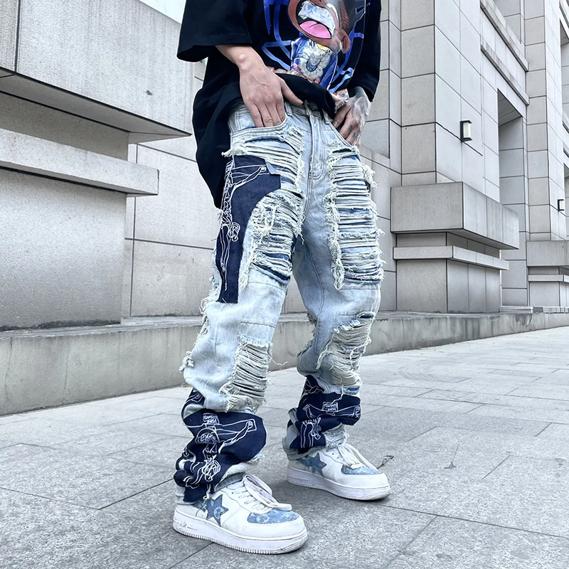 

High Street Hole Fringe Embroidery Jeans Pants Mens Color Block Tassel Ripped Retri Denim Trousers Oversize Baggy Jean Pants