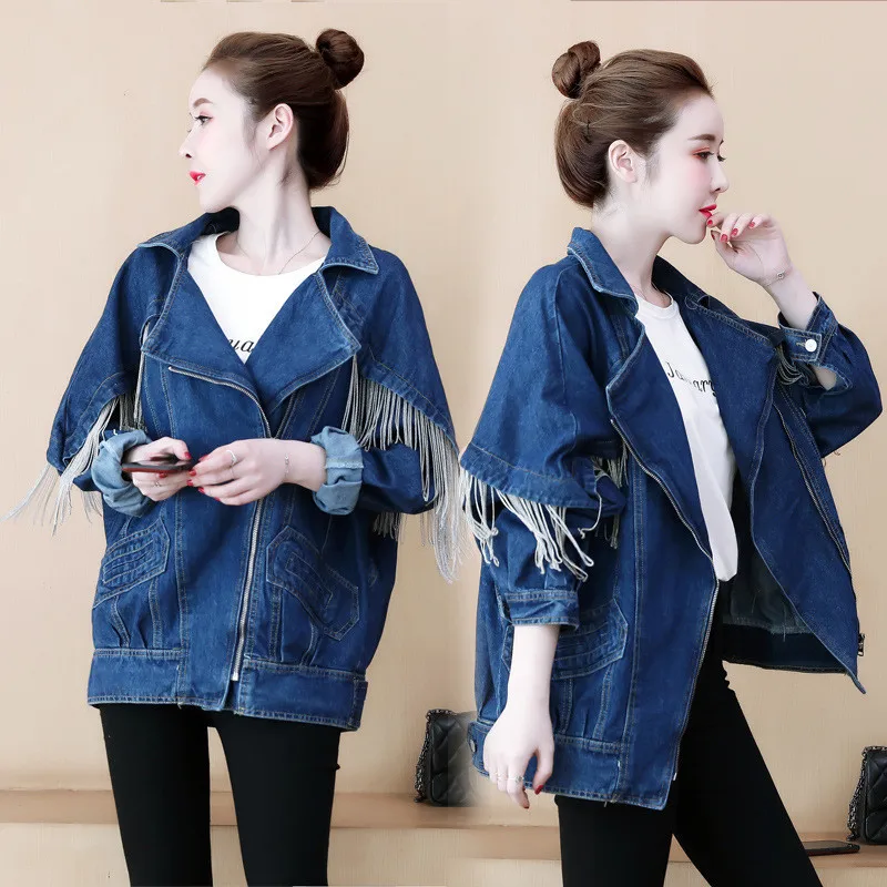 

Women's Denim Jacket 2020 Spring Autumn New Korean Tassel Cowboy Coat Bat Sleeves Loose Female Jeans Outercoat Plus Size 5XL Y19