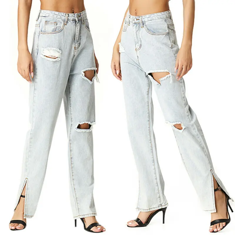

Women Ripped Jeans Straight Leg Pants Distressed Jeans Ladies Loose Trousers