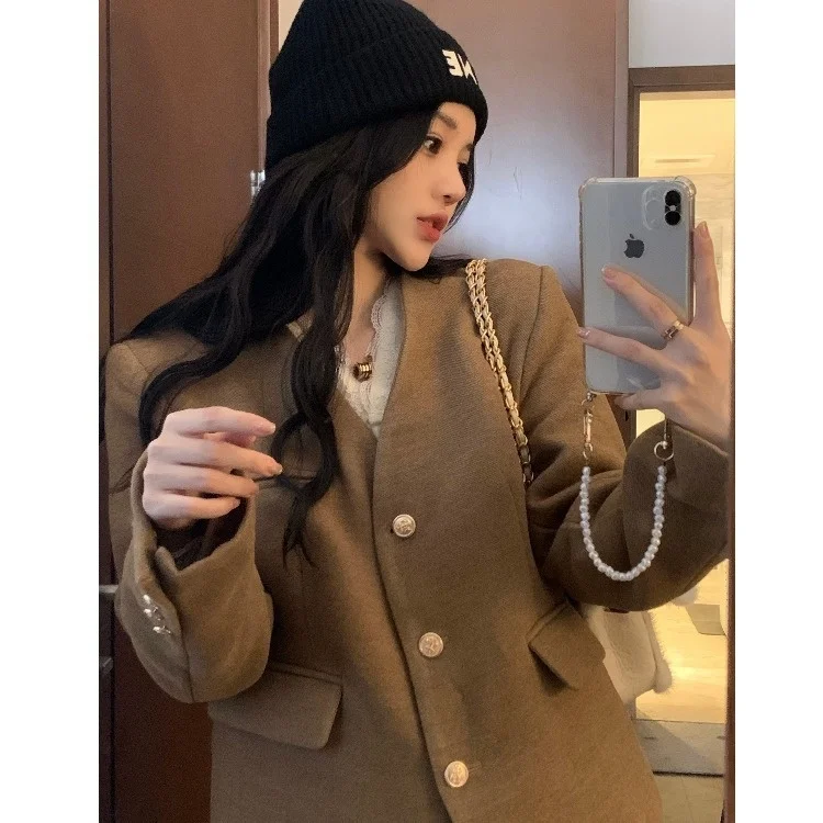 

Woolen Coat Women's Winter V-neck Thickened Loose Design Fashion Long Sleeve Woolen Coat C331a