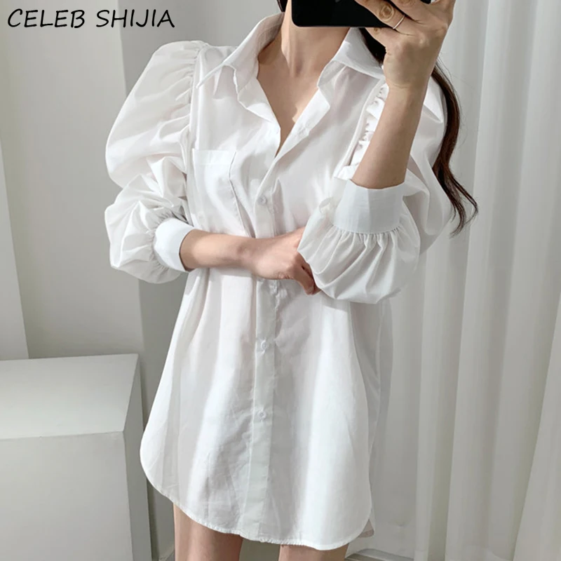 

Single-breasted White Shirts Woman Chic Loose Tops Korean Style Long Puff Sleeve Elegant Oversized Women Shirts Blouses Spring