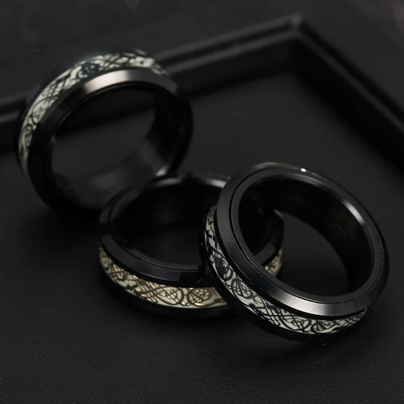 Chinese Dragon Pattern Men's 8mm Luminous Effect Rings For Men Gold Titanium Steel Women Rings Glow In The Dark Rotatable Ring