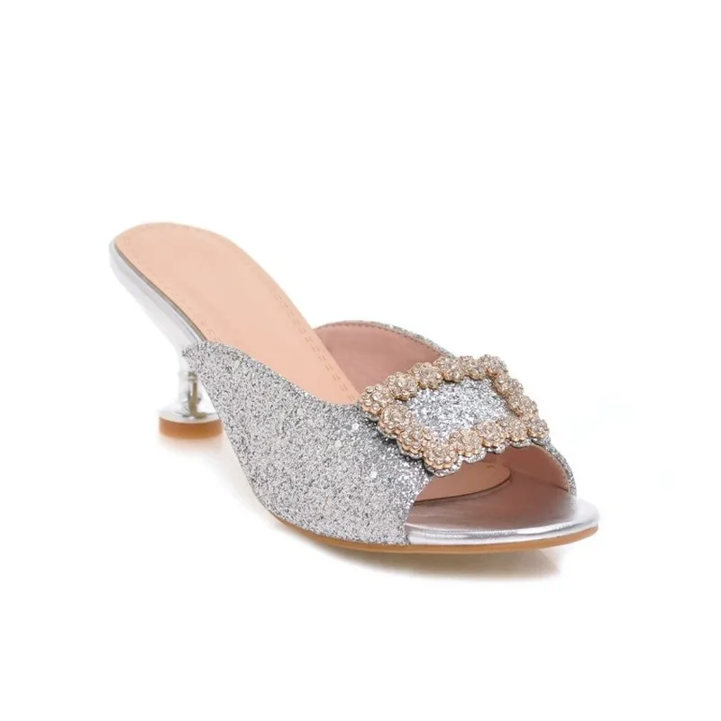 Женские туфли лодочки без задника на высоком каблуке с блестящими кристаллами