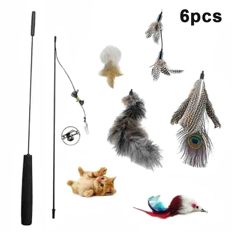 

6pcs Retractable Cat Wand Toy Set Gray Cat Teaser with Feather Head Replacement & Bell Cat Stick Supply for Kitten DFDS8