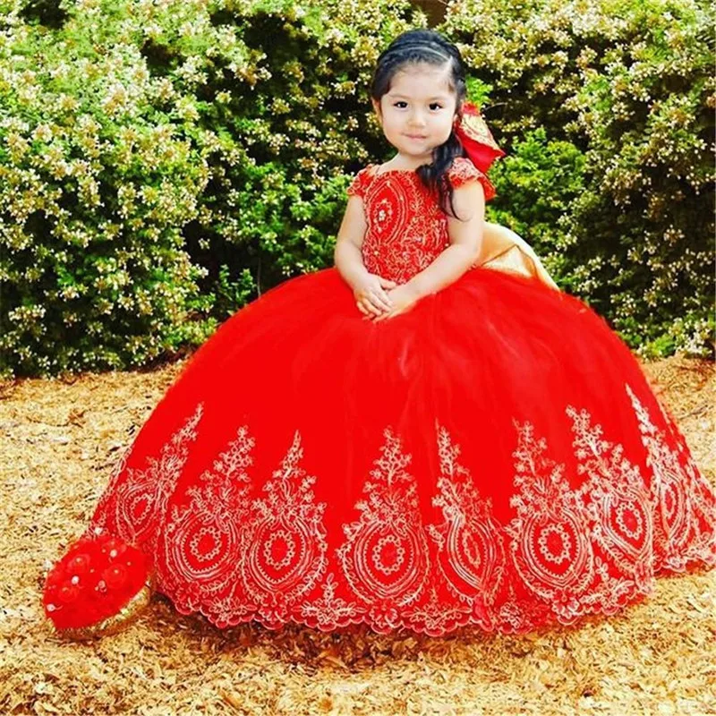 Gold Embroidery Lace Flower Girls Dresses For Wedding Short Sleeves Tulle Ball Gown Beaded Cheap First Communion Kids Dress
