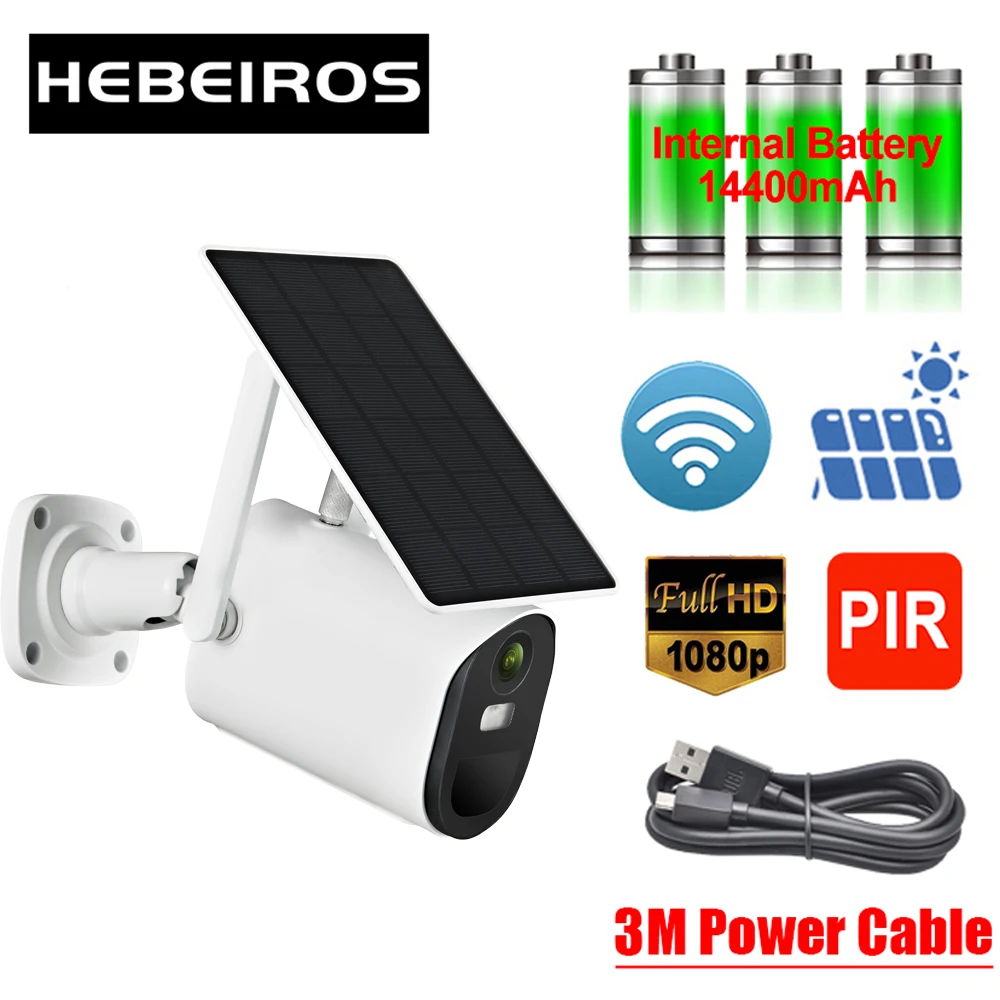 

Беспроводная камера Hebeiros 1080P на солнечной батарее, 2 МП, наружная водонепроницаемая IP-камера видеонаблюдения с прожектором и Wi-Fi, с кабелем 3 м