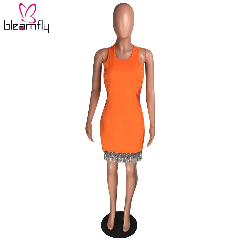 2019 женское осеннее зимнее Сетчатое Мини платье без рукавов с кисточками