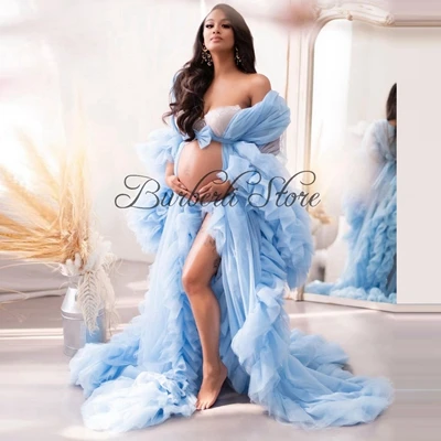 

Pretty Sky Blue Tulle Puffy Ruffles Long Robe To Photo-Shoot See Thru Cloak Sleeves Fluffy Maternity Women Dress For Party