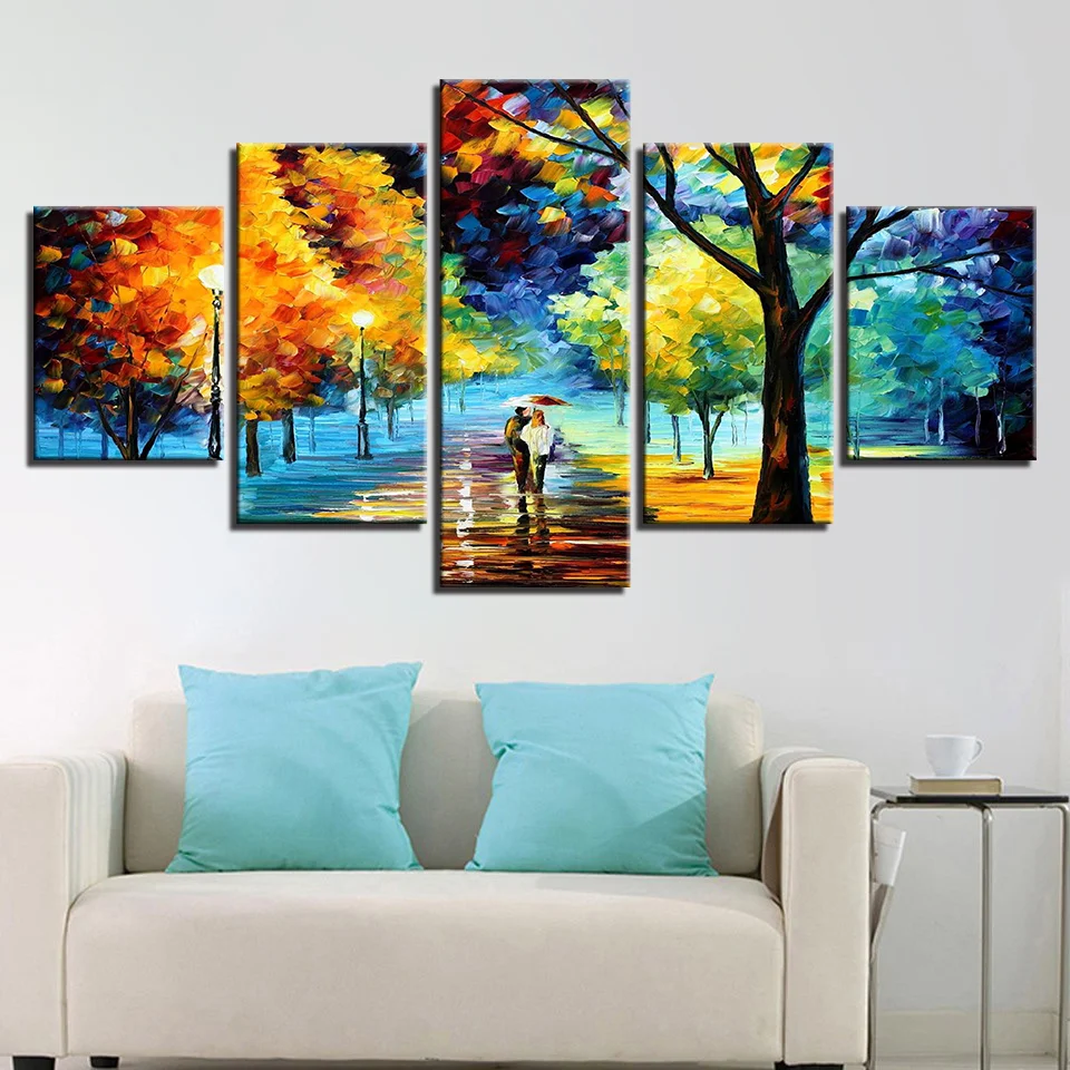 

Wall Art Canvas Painting 5 Pieces Walking In The Rain Scenery Poster Abstract Color Tree HD Prints Pictures Painting Home Decor