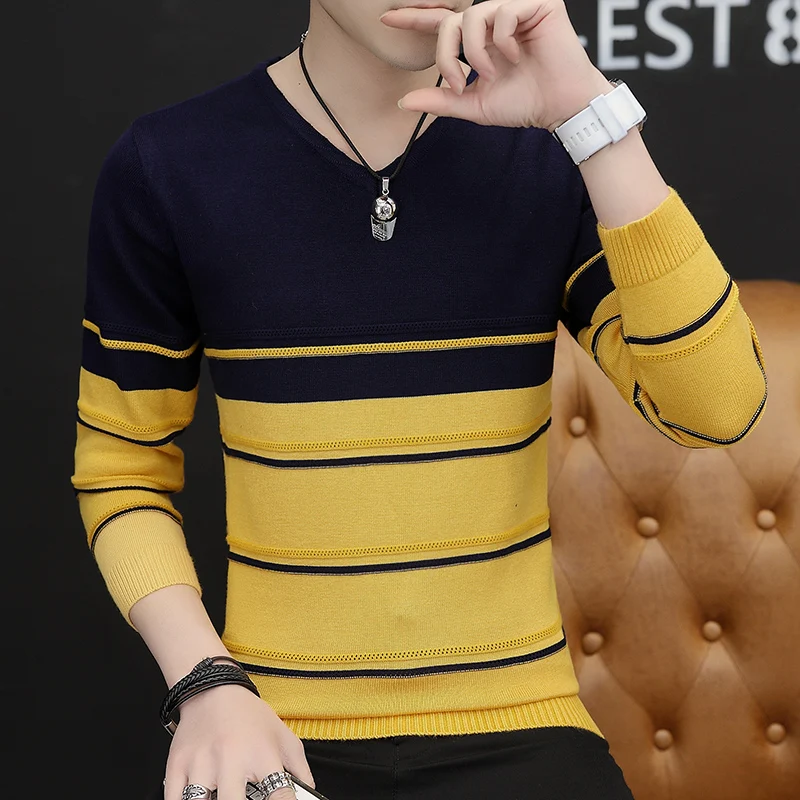 

2019 New Fashion Brand Sweater Mens Pullover Striped Slim Fit Jumpers Knitred Woolen Autumn Korean Style Casual Men Clothes