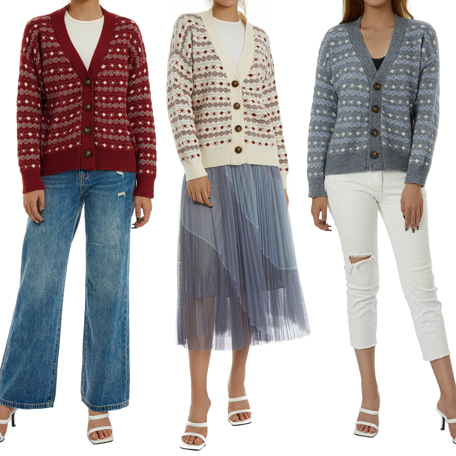 

Girls Long Sleeve V-neck Knitwear Autumn Winter Ladies Geometric Pattern Single-breasted Knitted Coat Casual Cardigan Sweaters