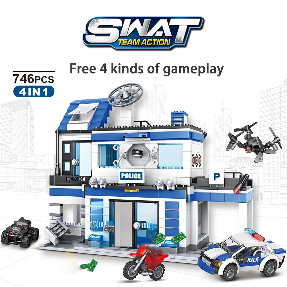 

4modeling City Police Station Building Blocks SWAT Military Action Figure 746pcs Bricks Constructor Kids Toys