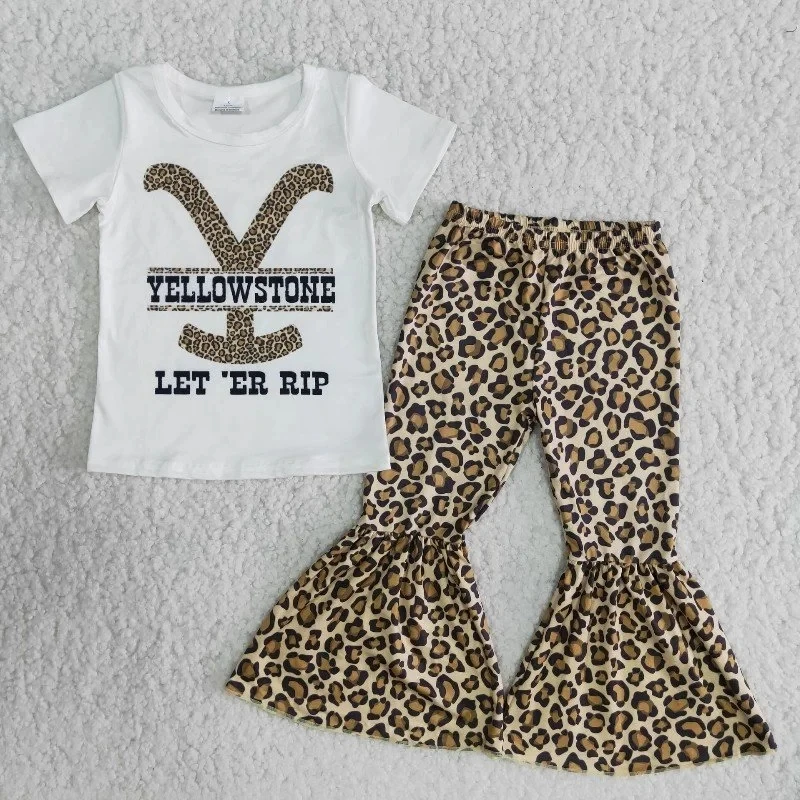 

Wholesale New Baby Girl Summer Fashionable Clothes Short Sleeve Letter Shirt Leopard Bell-bottomed Pants Set Children Outfit