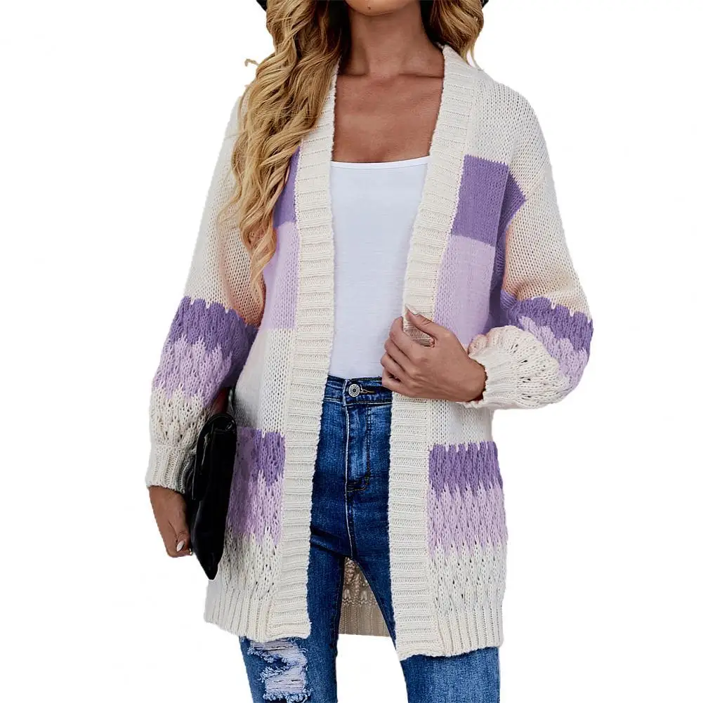 

Casual Women Sweater Cardigan Coat Contrast Color All Match Autumn Winter Clothes Women Warm Open Stitch Coat for Daily Wear