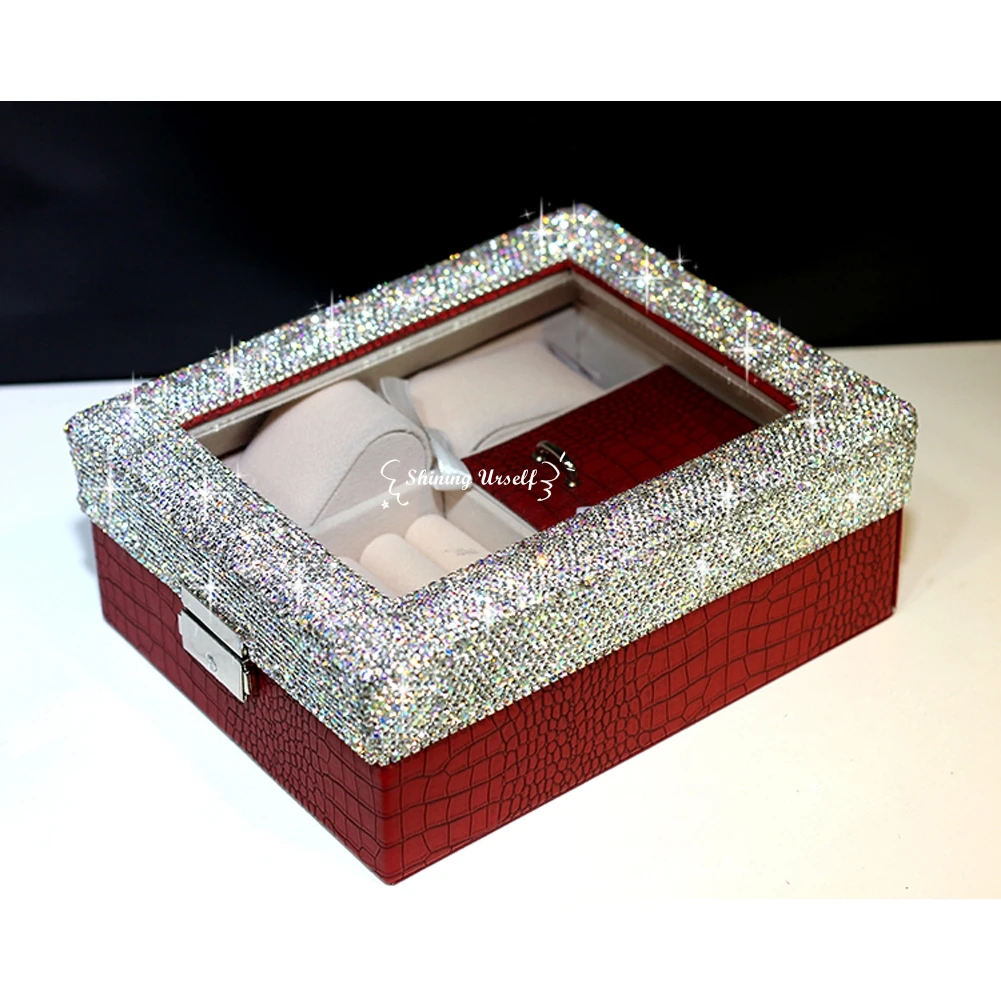 Jewelry Storage Organizer with Rhinestone Watch Box Case Ring Earring Necklace Mirror PU Box