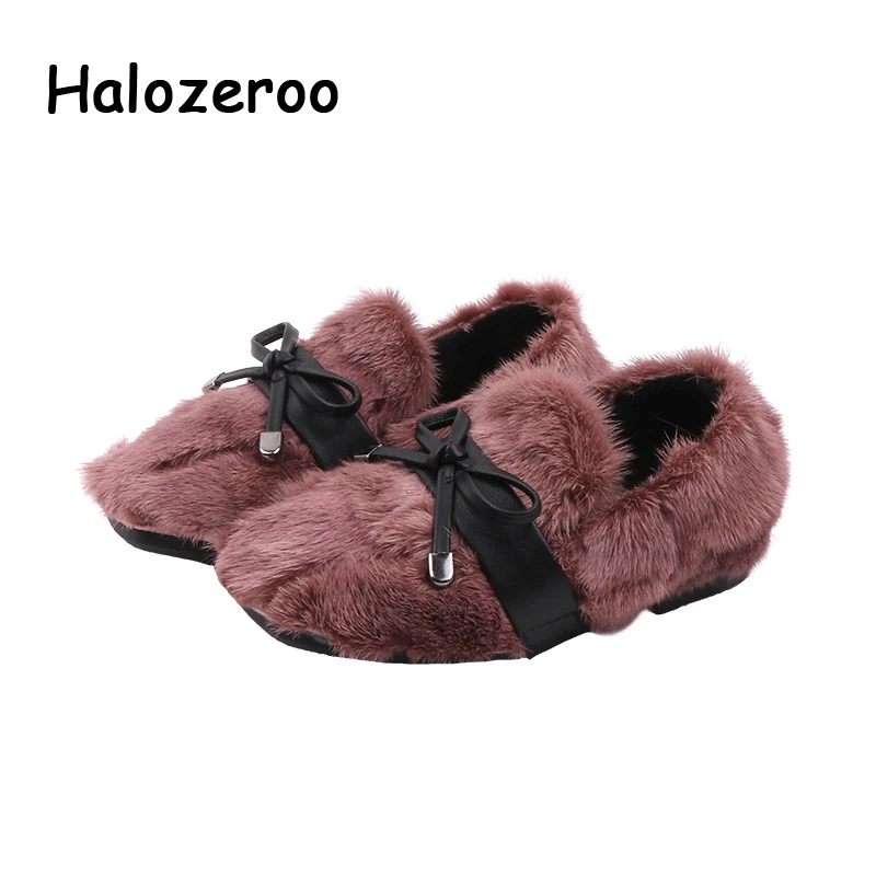 New Winter Kids Bow Princess Shoes Baby Girls Black Sweet Children Fur Brand Fashion Slip On Loafer Warm Moccasin |