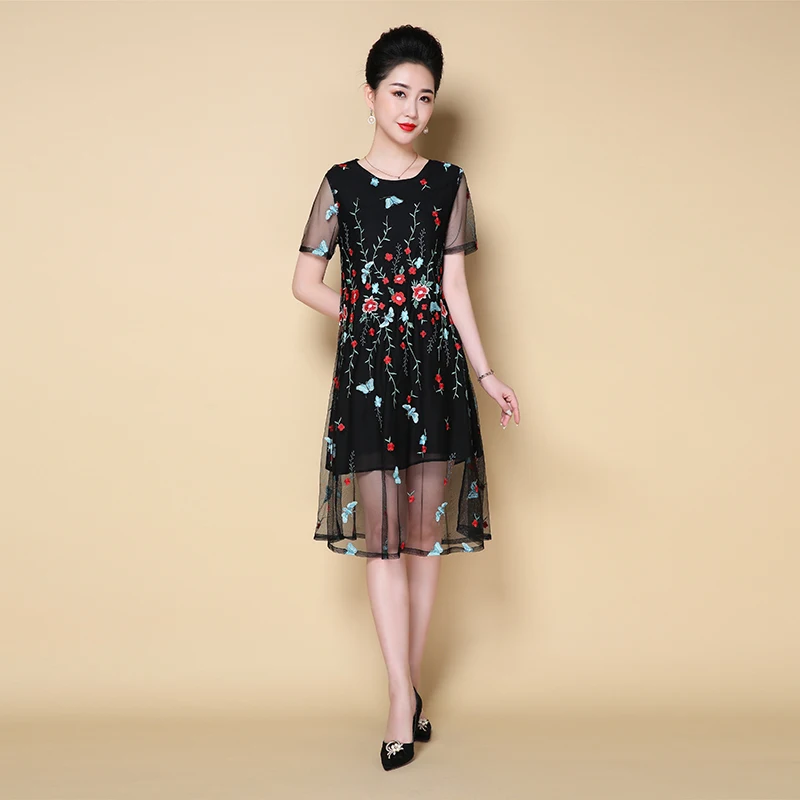 

Fashion Sexy Elegant Flower Floral Women Dress Nice Summer Mesh Retro Style Embroidery Dress Plus Size OL Dresses