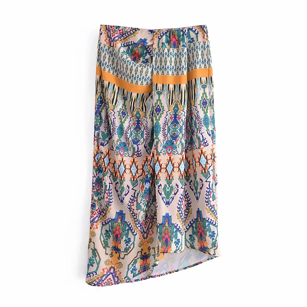 

Elegant Vintage Bohemian Hem Irregular Sarong Skirt Summer Floral Print Back Zipper Chic Mid-Calf Length Beach Holiday Skirts
