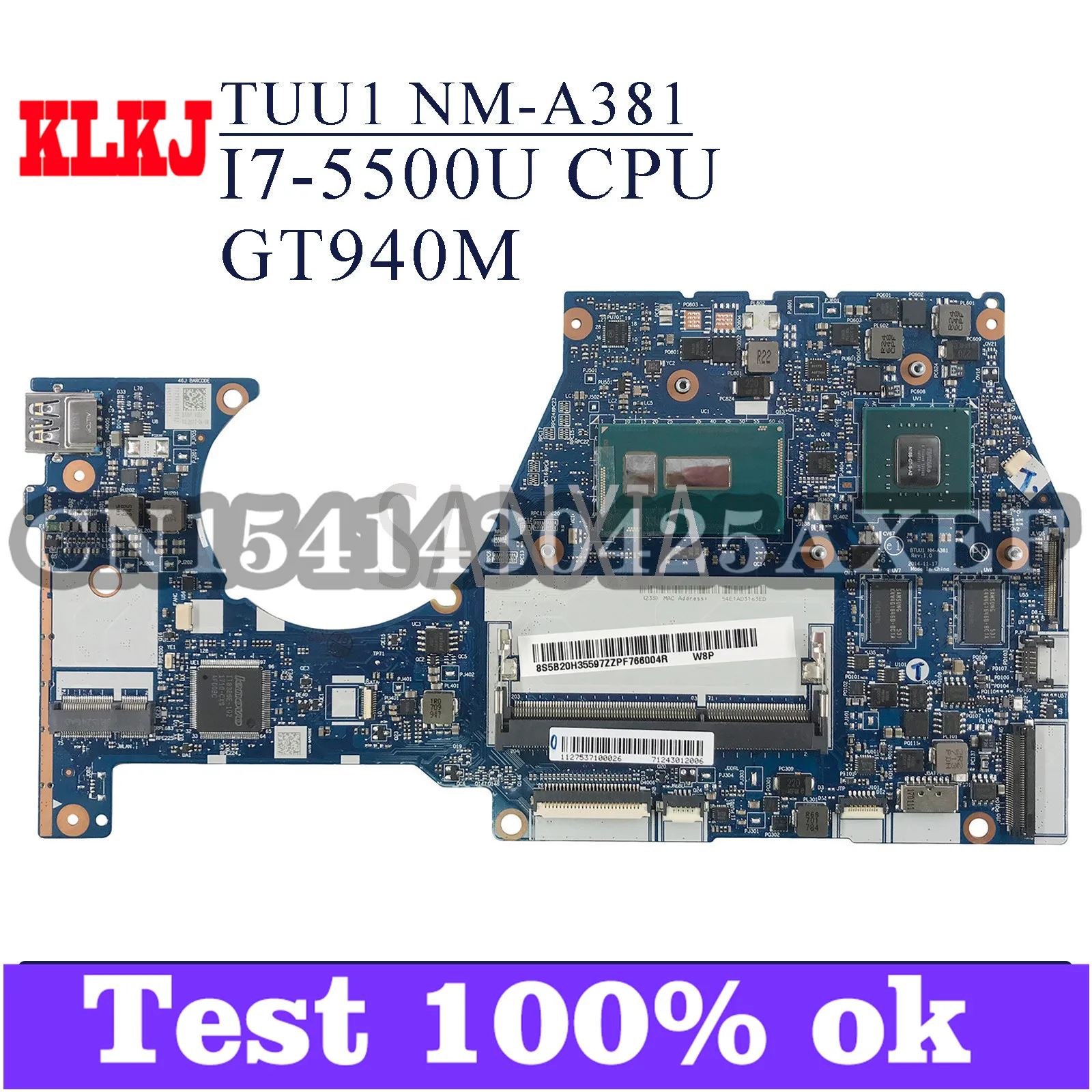 

KLKJ NM-A381 Laptop Motherboard For Lenovo YOGA 3-14 Original Mainboard I7-5500U GT940M