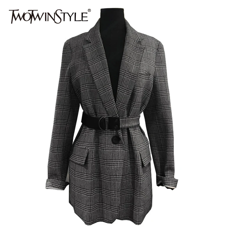 Женский блейзер в клетку TWOTWINSTYLE Осенний с длинным рукавом v образным вырезом