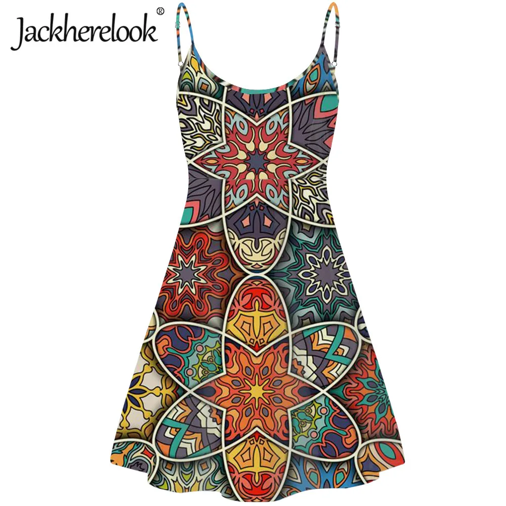 

Jackherelook Women Spaghetti Strap Boho Dresses Vintage African Tribal Ethnic Print Summer Sleeveless Dress Holiday Vestidos