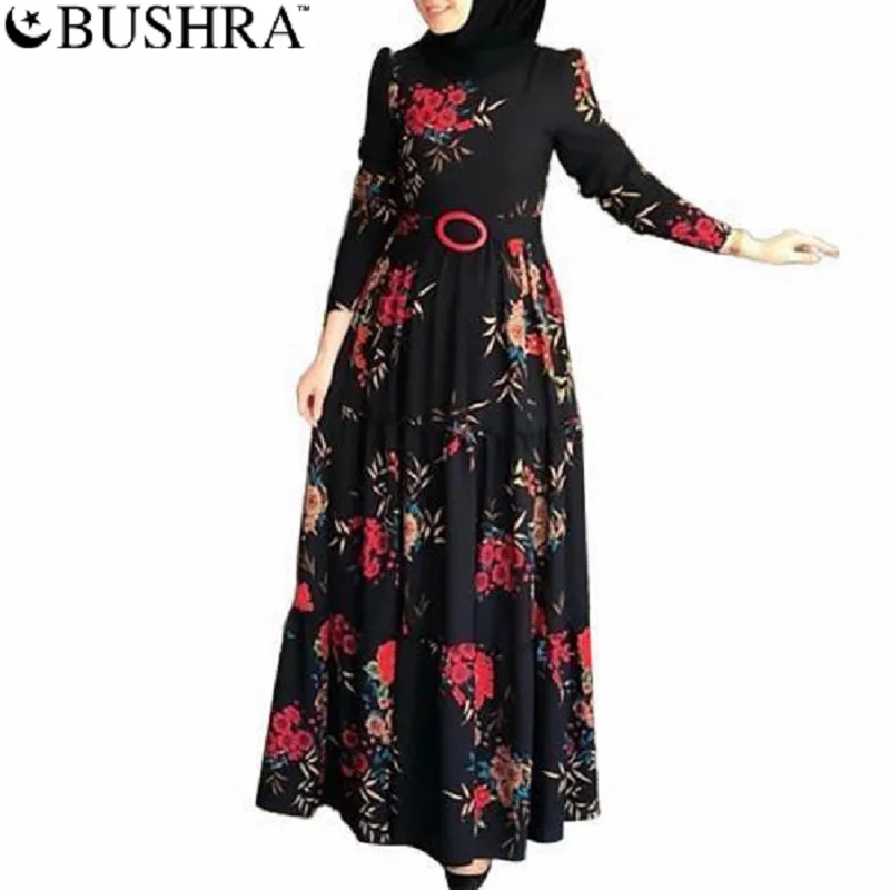 

Bushra Long Sleeve Flower Print Women Dress Ethnic Floral Belt Skirt Maxi Kaftan Robe Temperament Commute Muslim Fashion Dress
