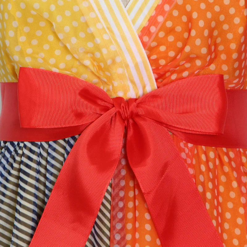 

MSXU 2021 HOT Summer Runway Boho Dress Women's Bow Sexy Deep V-neck Long Dress Big Pendulum Contrast Dress