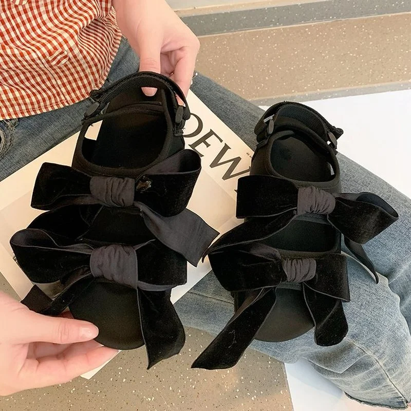 

2021 Summer Casual Women Sandals Shoes Women Chic Velvet Bow Peep Toe Sandals Low Heel Sandalias Designer Comfy Flat Sandals