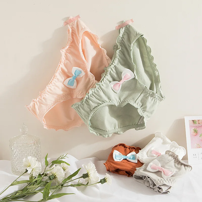 

Summer Japanese Maid Pure Cotton Panties Women Cute Loli Bowknot Plus Size Lady Briefs New Pink Green Kawaii Panty Women