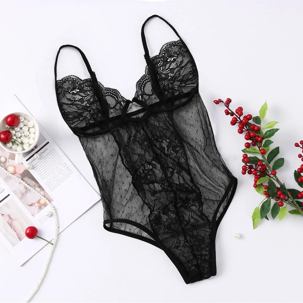 

2021 New Lingerie Women Lace Deep Sexy Up Bodysuit Leotard Lingerie Romper Tops Jumpsuit Sleepwear Lencera Ropa De Dormir #672