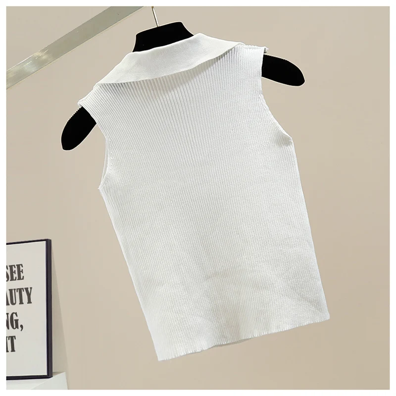 

Beaded Contrast Color Patchwork Sweet Tridimensional Bow Decoration Woemen 2021 Summer New V-neck Slim Short Knitted Tank Ladies