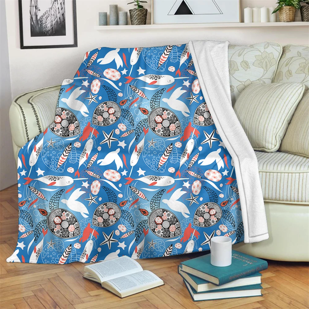 

HUGSIDEA New Fashion Warm Throw Blankets Sea Turtle With Feather Design Women Men Home Bedspread Soft Fleece Flannel Blanket