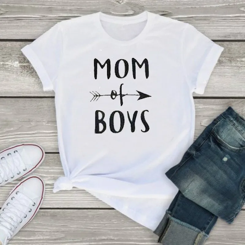 MOM OF BOYS с буквенным принтом Футболка для женщин коротким рукавом О образным