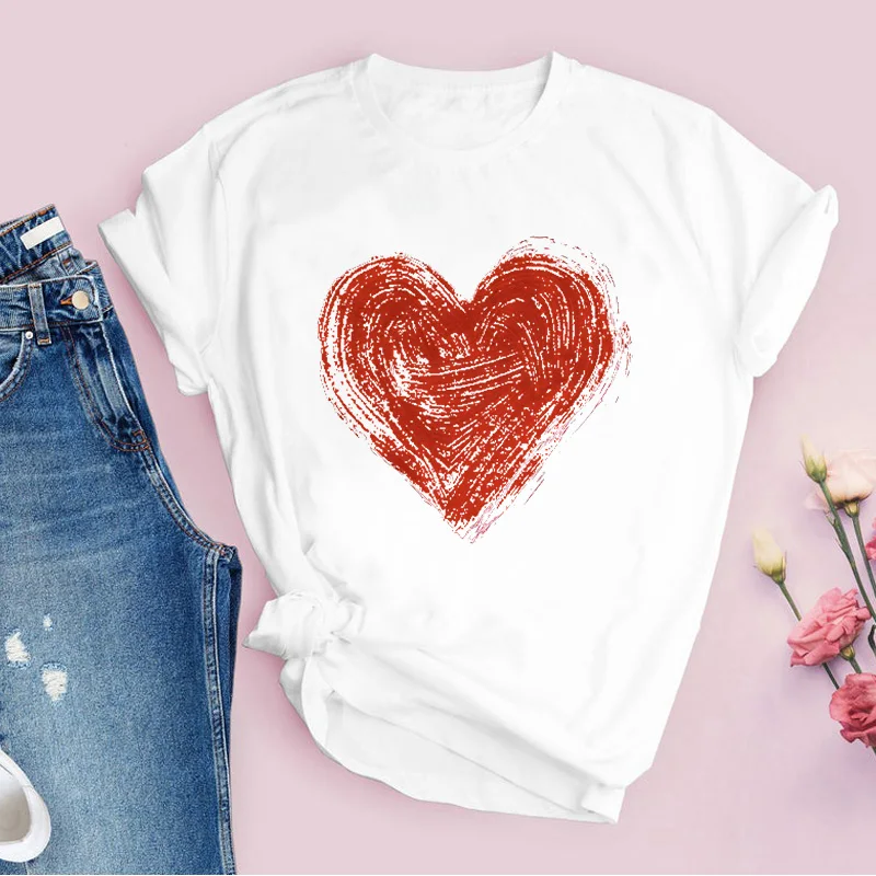 

Women Tee shirt Cute Love Cartoon Heart Print Casual Fashion 90s Summer Clothes Tops Female T Shirt Simple Kawaii Womens T-Shirt