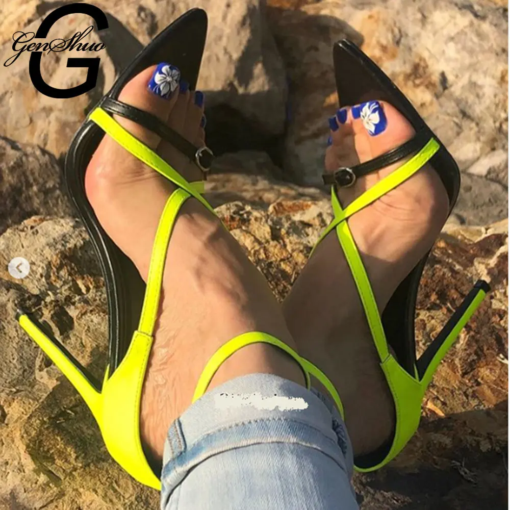 GENSHUO/пикантные женские туфли на высоком каблуке Летние сандалии с острым носком