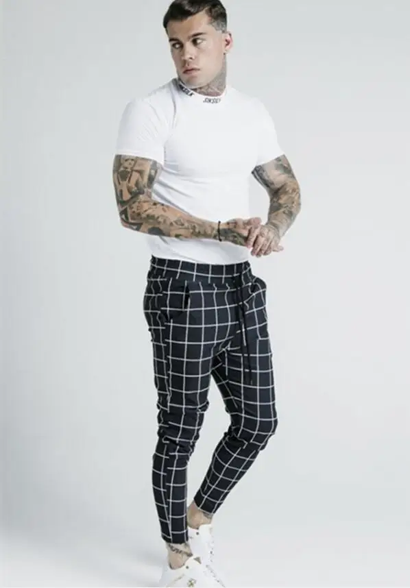 2019 Men's Fashion New Polyester Plaid Flocking Printing Casual Thin Sik Silk Sweatpants Street Hip-Hop Slim Trousers | Мужская