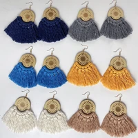 hot selling bohemian women weave colored thready tassel fan shaped sunflower wooden earrings macrame jewelry free shipping