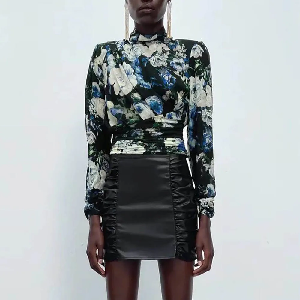 

Женская короткая рубашка с цветочным принтом Za, повседневный укороченный топ с высоким воротником и длинным рукавом в стиле ретро, весна-ос...