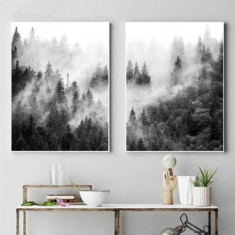 

Foggy Forest Nature Landscape Canvas Painting Black and White Wall Art Tree Poster and Prints No Frame Picture for Home Decor