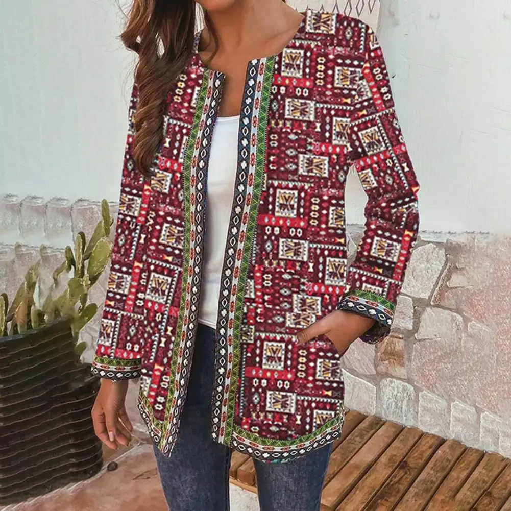 

Женский кардиган, пальто с этническим принтом, свободная повседневная одежда в клетку с круглым вырезом и геометрическим рисунком, женская ...