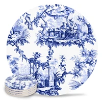 blue chinoiserie toile ceramic coasters waterproof tea cup mat modern home decor coffee table decor coasters for glasses