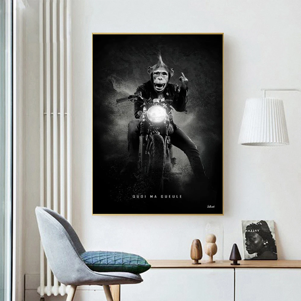 Черно-белая Картина на холсте мотогонщик обезьяна настенные художественные