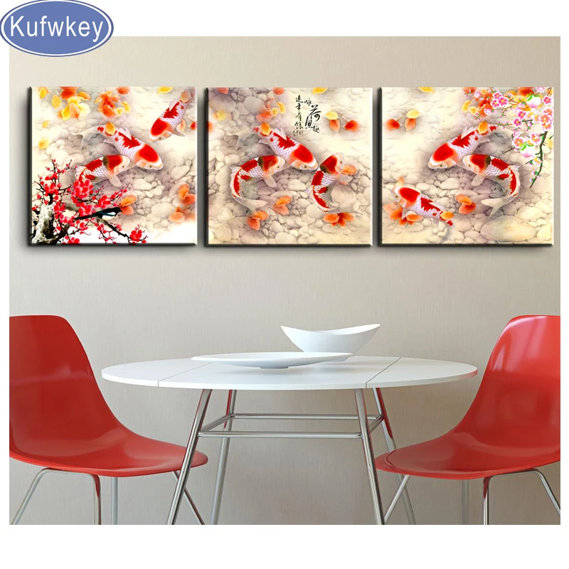 3 шт. Алмазная Картина Koi fish Plum blossom 5d алмазная квадратная Алмазная вышивка Триптих 3d вышивка крестиком домашний декор искусство
