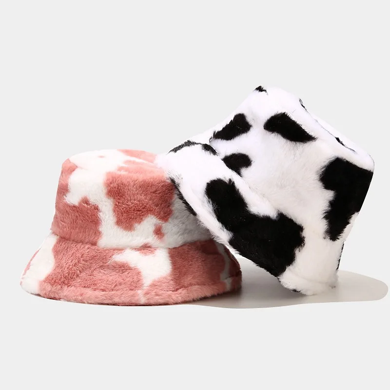 

Travel outdoor warm hat soft velvet Fisherman Hat Women's fashion Panama gift new winter cow printed Plush barrel hat