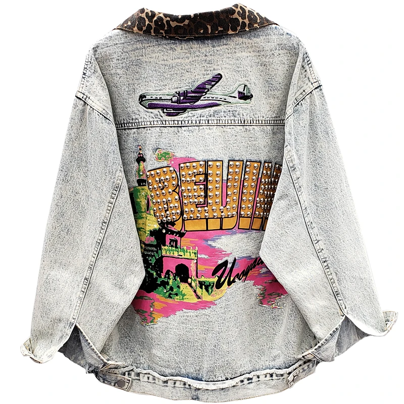 

2020 Fashion Coat for Woman Interesting Pattern Lazy Style Printing Pop Tops Leopard Collar Rivet Denim Jacket for Girls